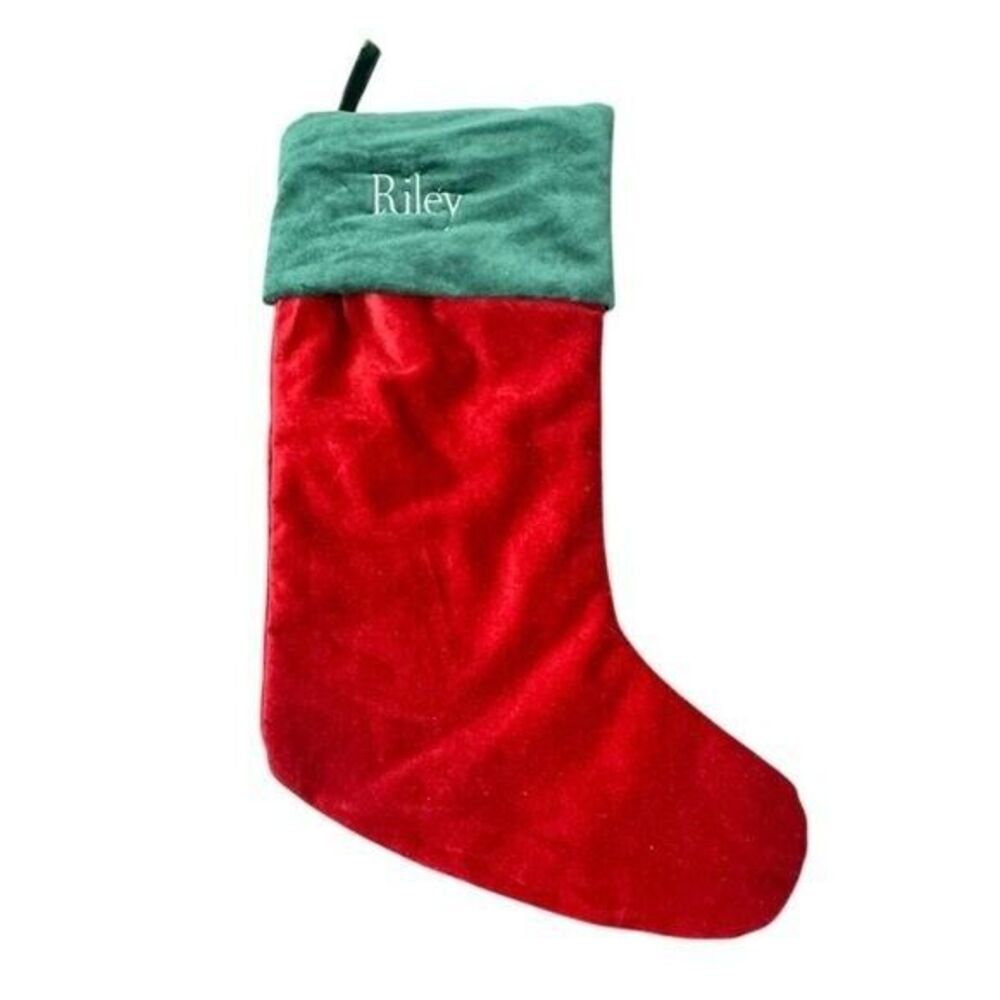 Pottery Barn Green Red Velvet Large Holiday Christmas Stocking Riley NEW